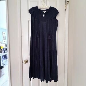 Style & Co Petite Metallic Stripe Ruffle Midi Dress NWT PM Navy